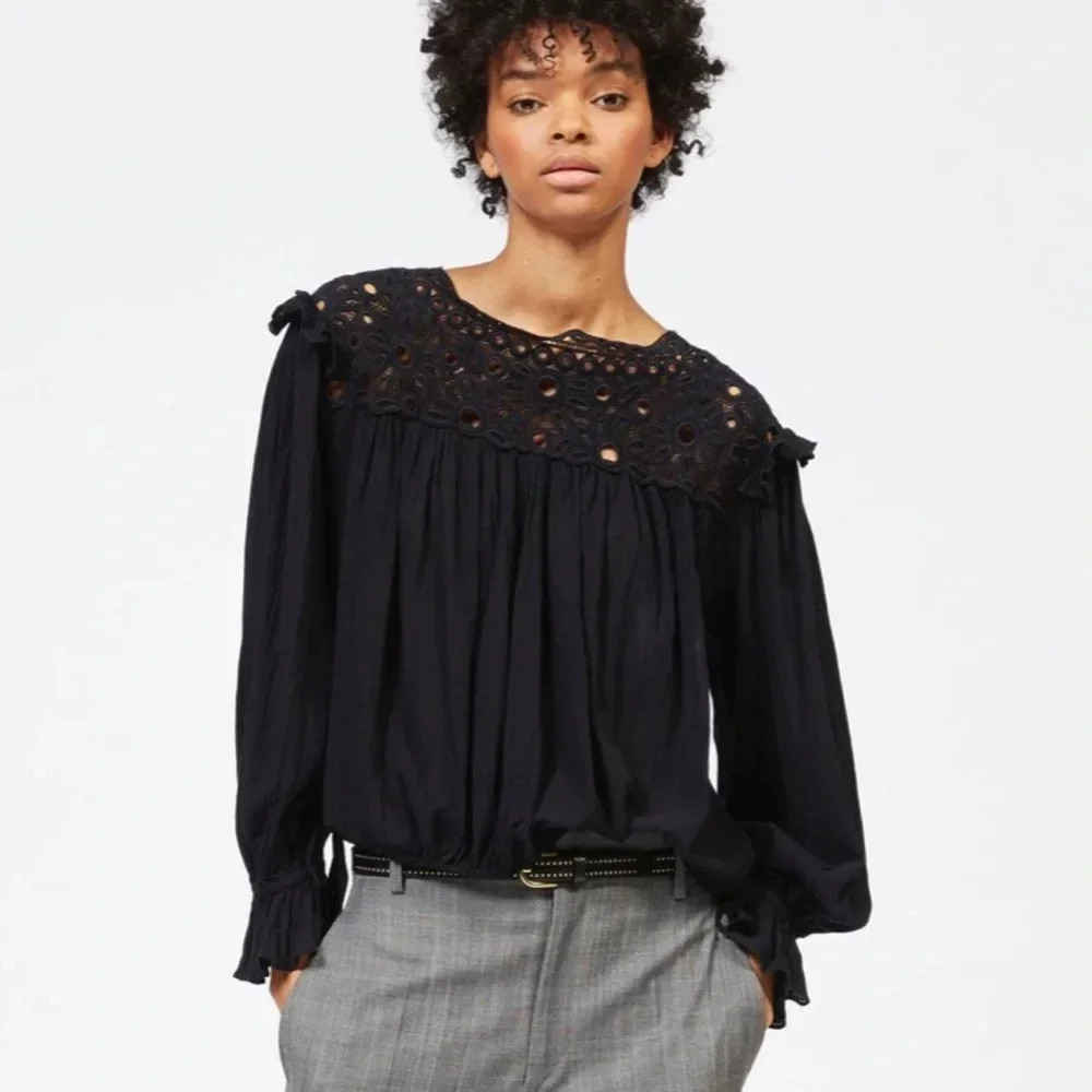 Isabel Marant Black Eyelet Yoke Long-Sleeve Blouse